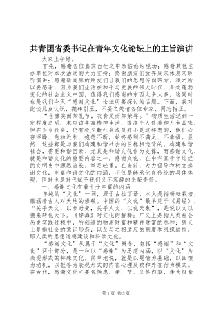 共青团省委书记在青年文化论坛上的主旨演讲稿
