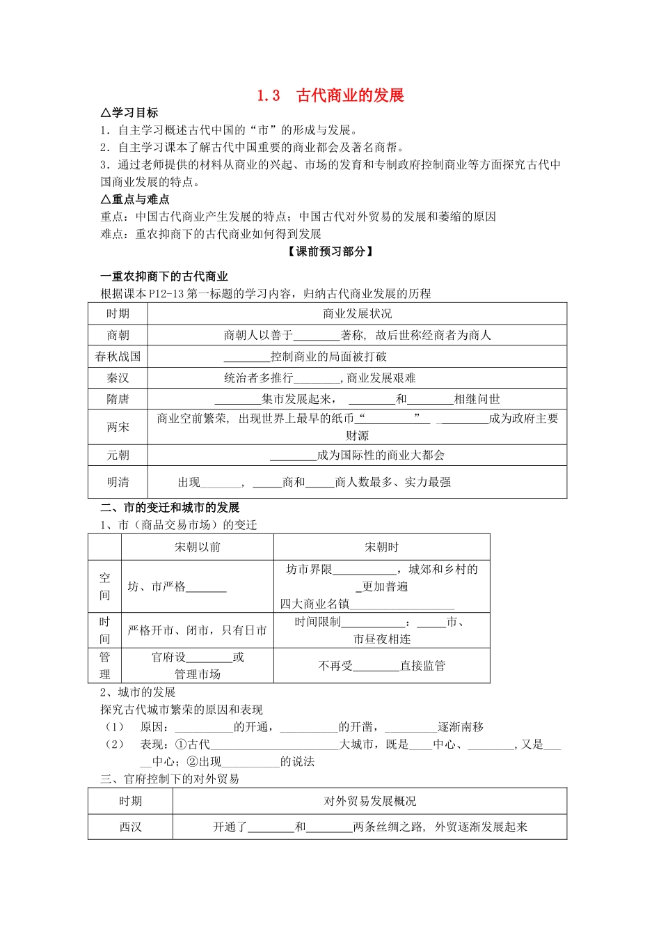 山东省威海二中高中历史 1.3  古代商业的发展学案 新人教版必修2 _第1页
