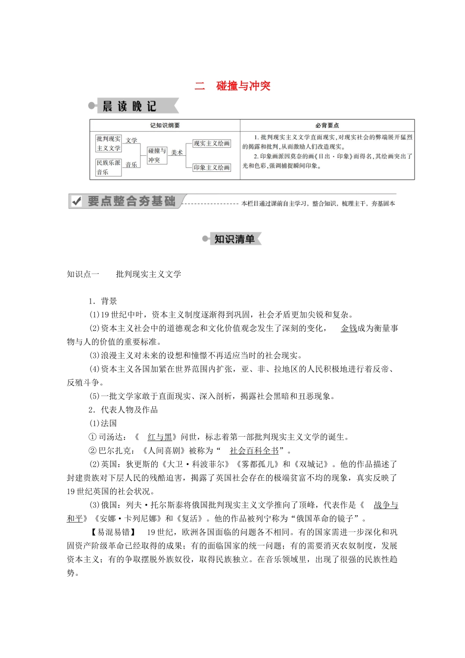 高中历史 专题八 19世纪以来的文学艺术 二 碰撞与冲突学案（含解析）人民版必修3-人民版高二必修3历史学案_第1页