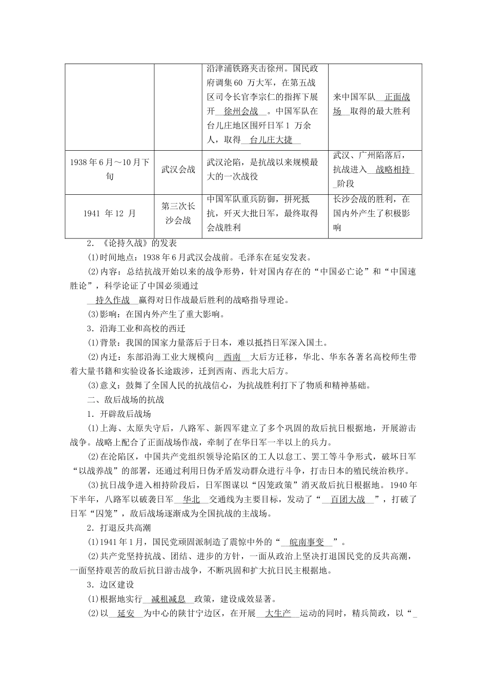 高中历史 第八单元 中华民族的抗日战争和人民解放战争 第24课 全民族浴血奋战与抗日战争的胜利学案（含解析）新人教版必修《中外历史纲要（上）》-新人教版高一必修历史学案_第2页
