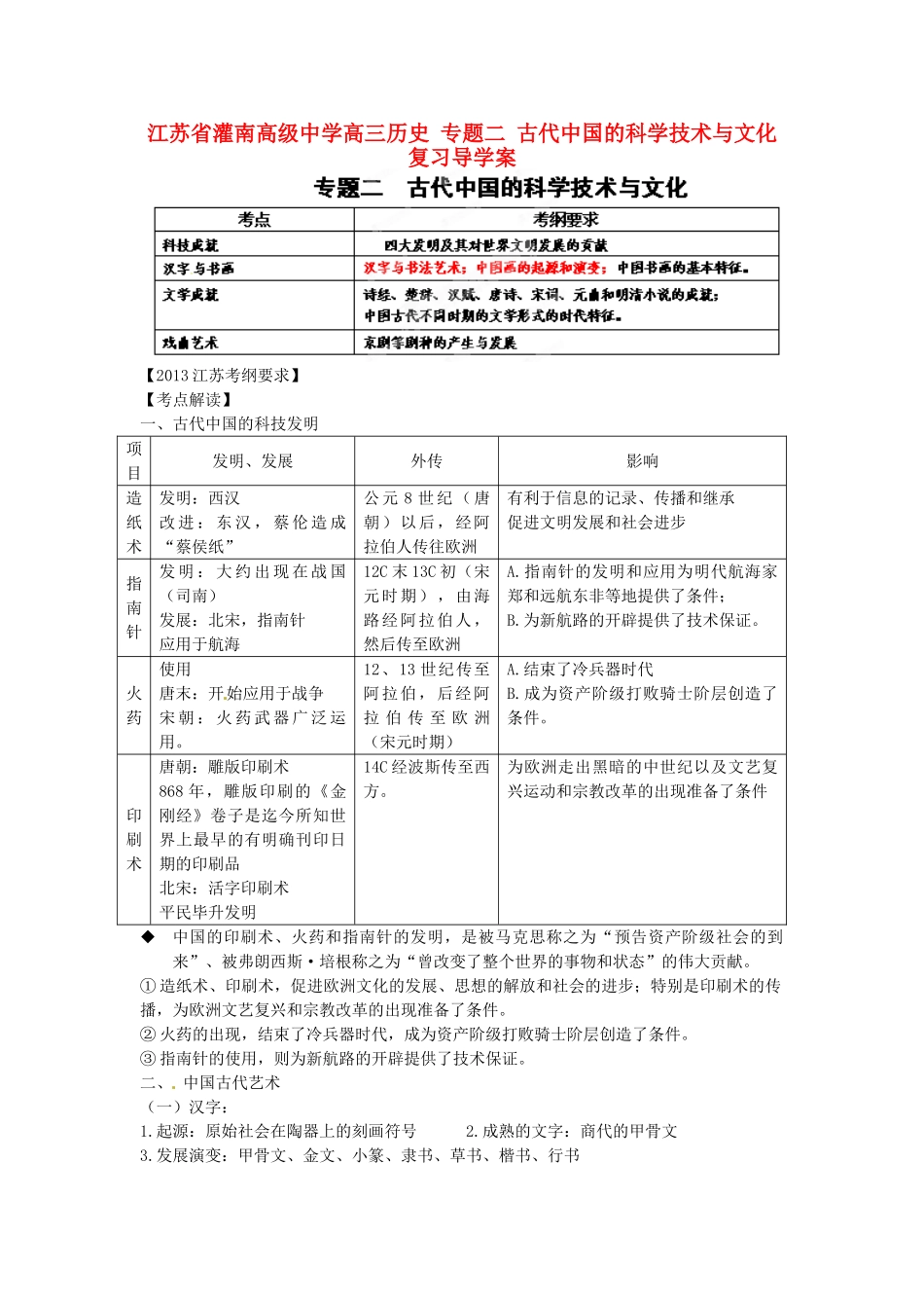 江苏省灌南高级中学高三历史 专题二 古代中国的科学技术与文化复习导学案_第1页