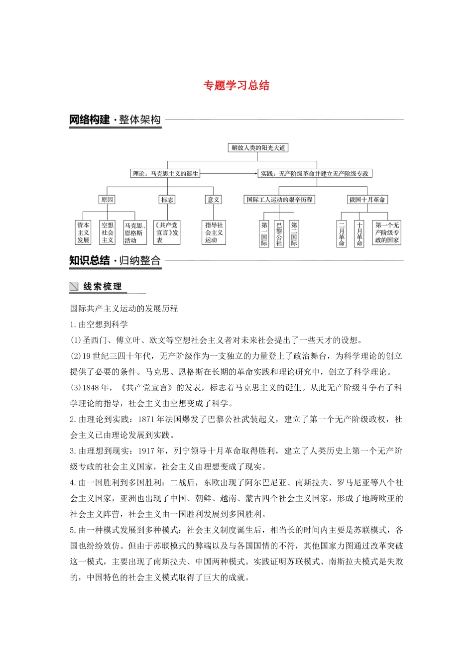 高中历史 专题八 解放人类的阳光大道专题学习总结学案（含解析）人民版必修1-人民版高一必修1历史学案_第1页