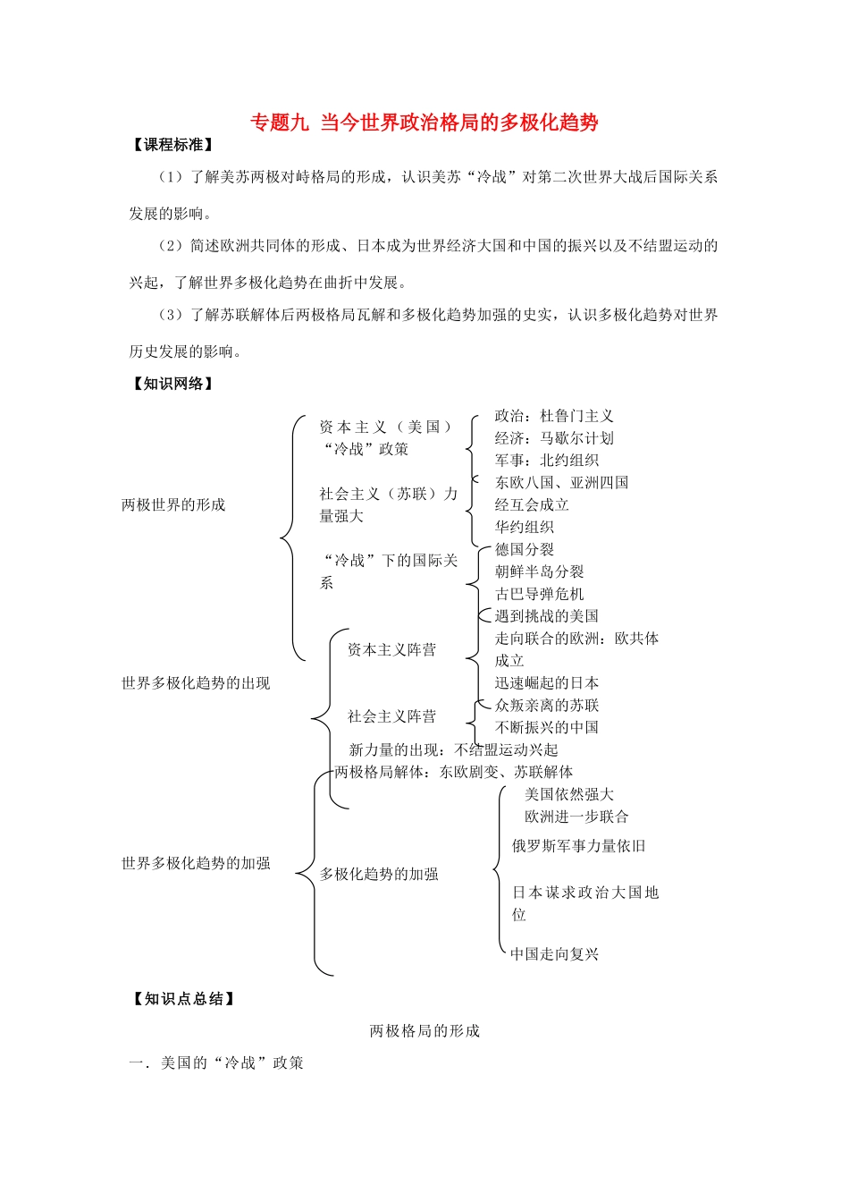 高中历史 专题九 当今世界政治格局的多极化趋势单元小结学案 人民版必修1-人民版高一必修1历史学案_第1页