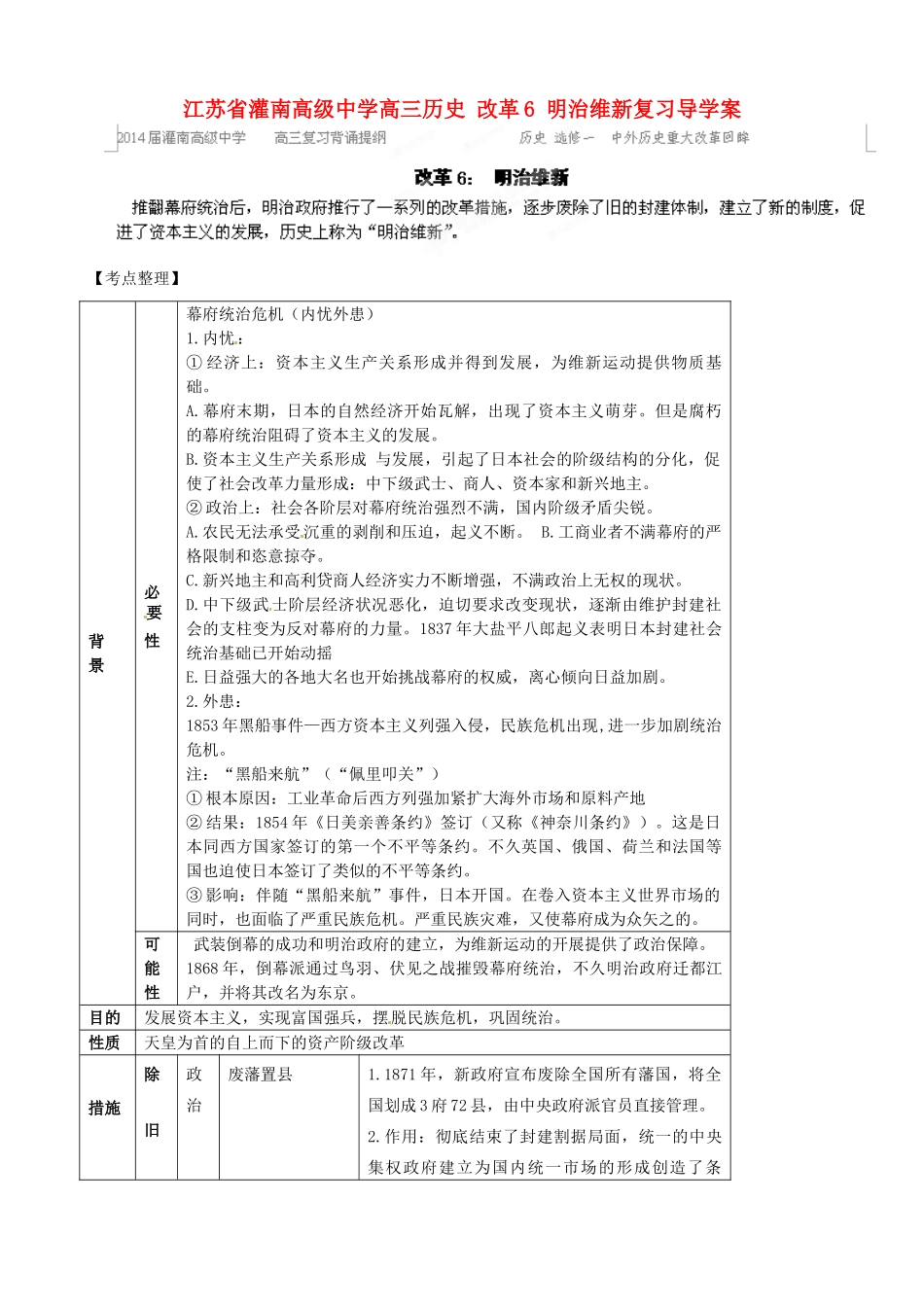 江苏省灌南高级中学高三历史 改革6 明治维新复习导学案_第1页