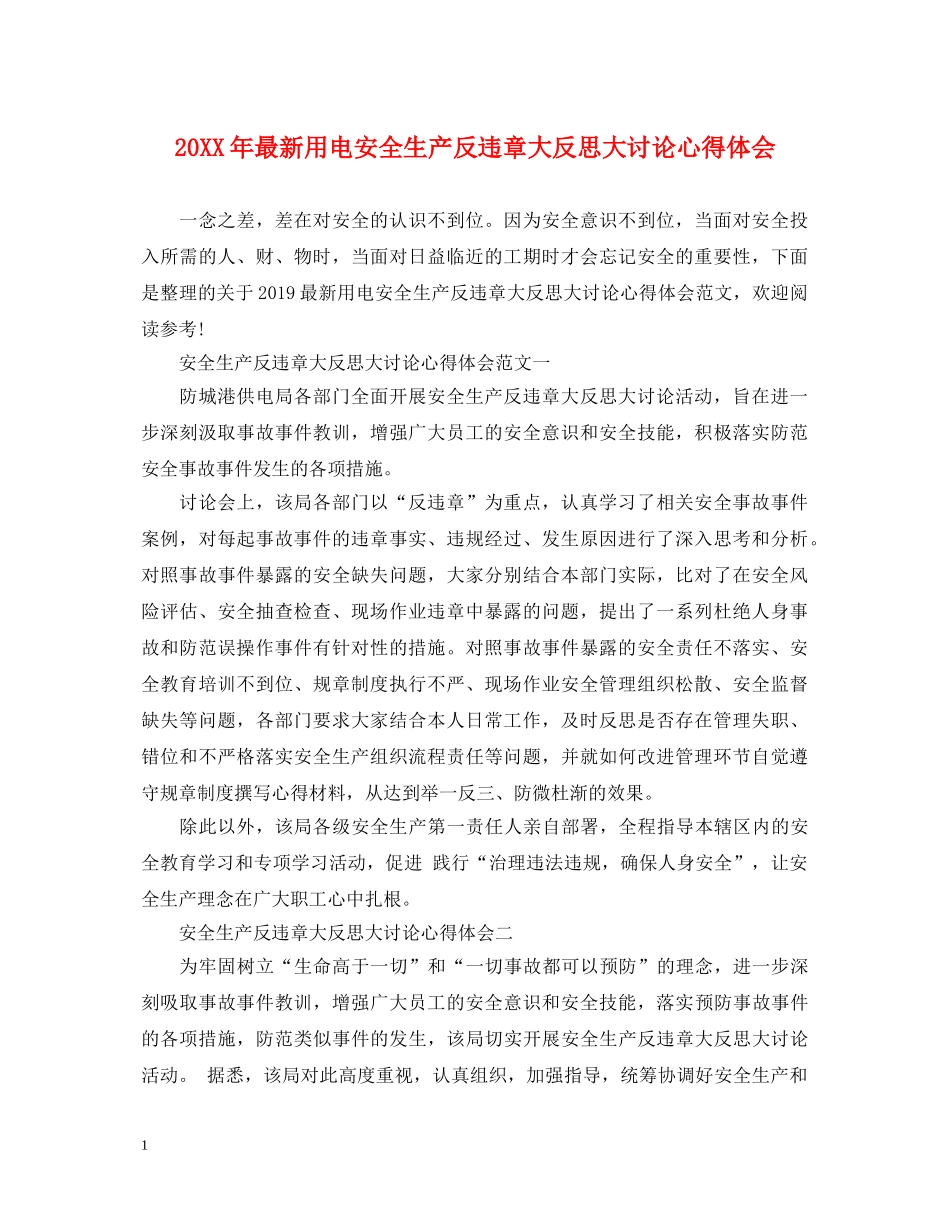 20XX年最新用电安全生产反违章大反思大讨论心得体会 _第1页