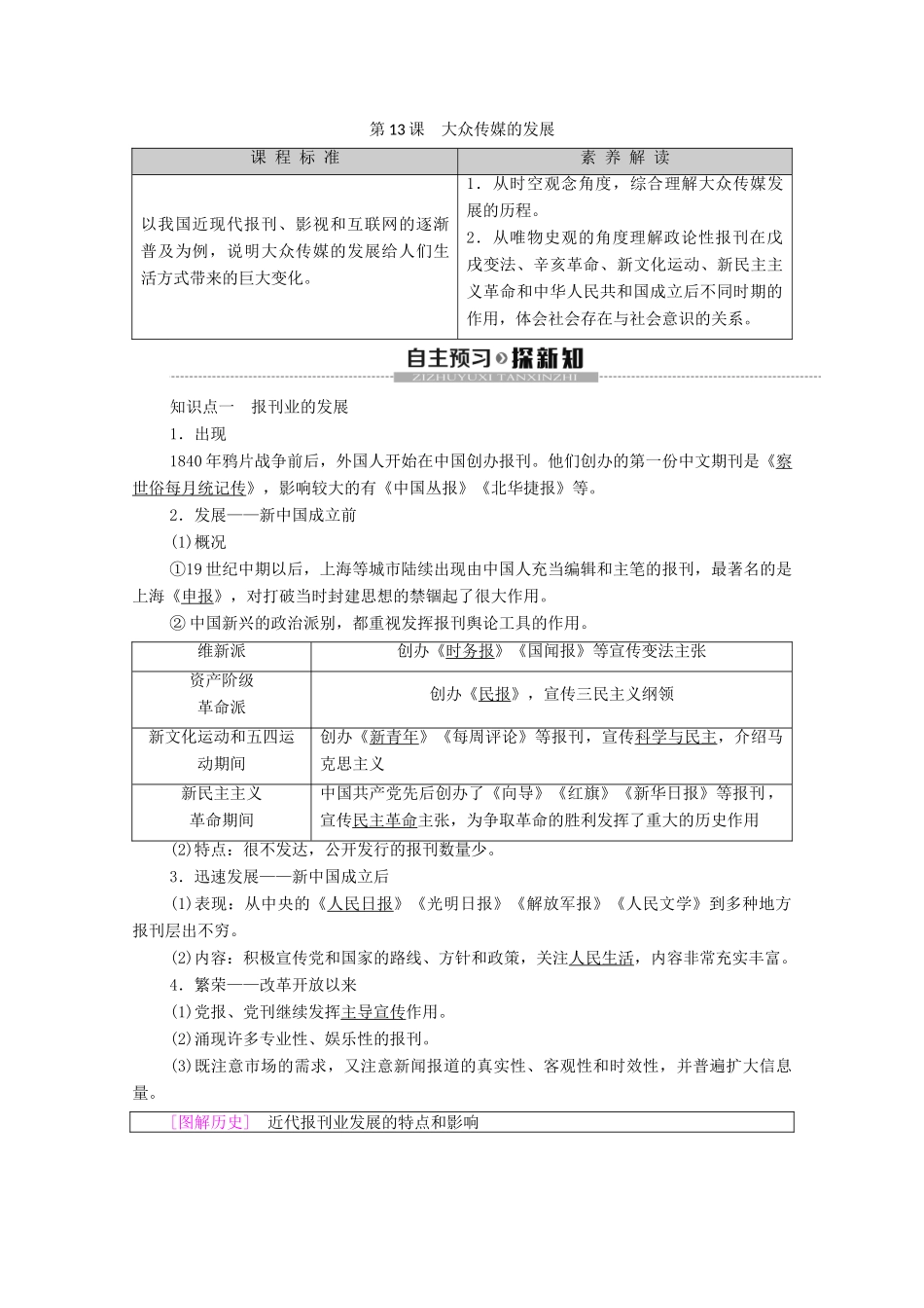 高中历史 第4单元 中国近现代社会生活的变迁 第13课 大众传媒的发展学案 北师大版必修2-北师大版高一必修2历史学案_第1页