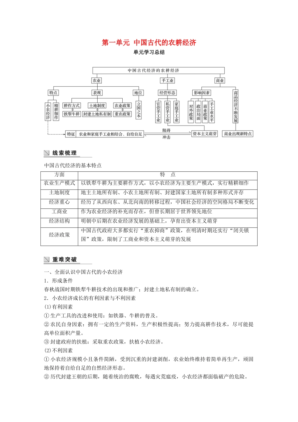 高中历史 第一单元 中国古代的农耕经济单元学习总结学案 岳麓版必修2-岳麓版高一必修2历史学案_第1页