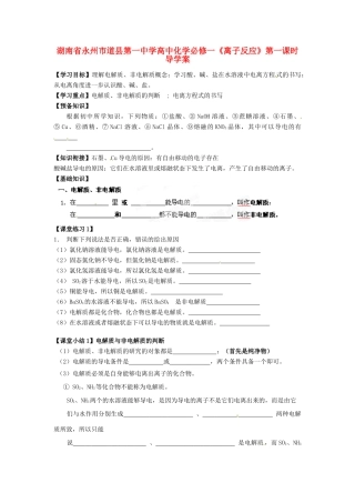 湖南省永州市道县第一中学高中化学《离子反应》第一课时导学案 新人教版必修1