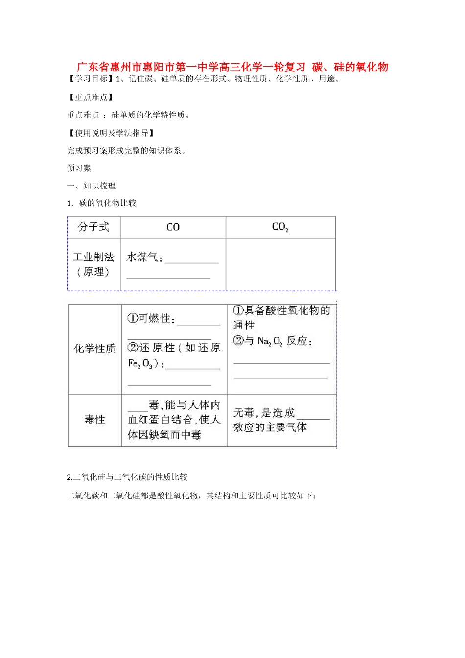 广东省惠州市惠阳市第一中学高三化学一轮复习 碳、硅的氧化物 _第1页