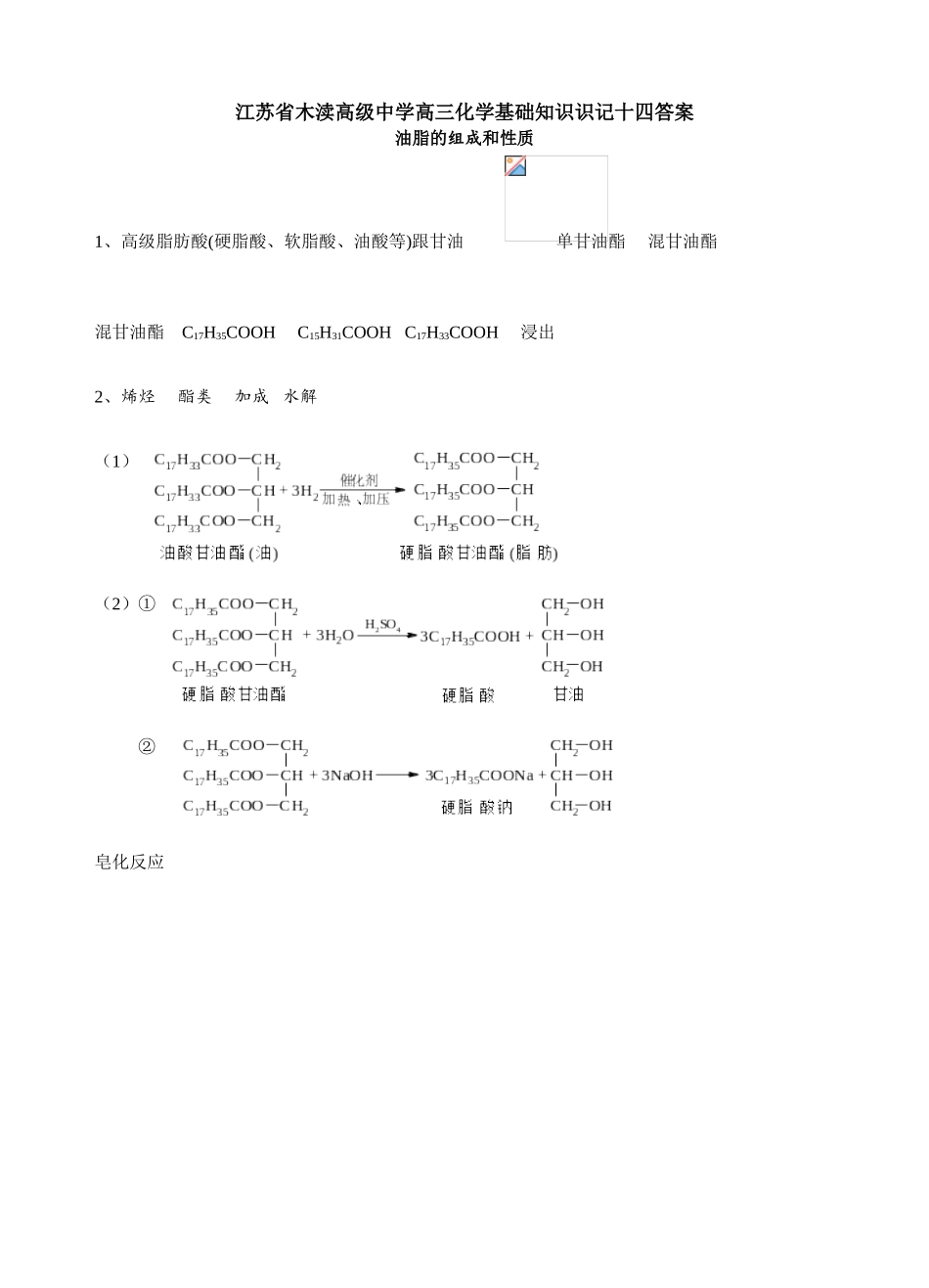 江苏省木渎高级中学高三化学基础知识识记十四答案_第1页