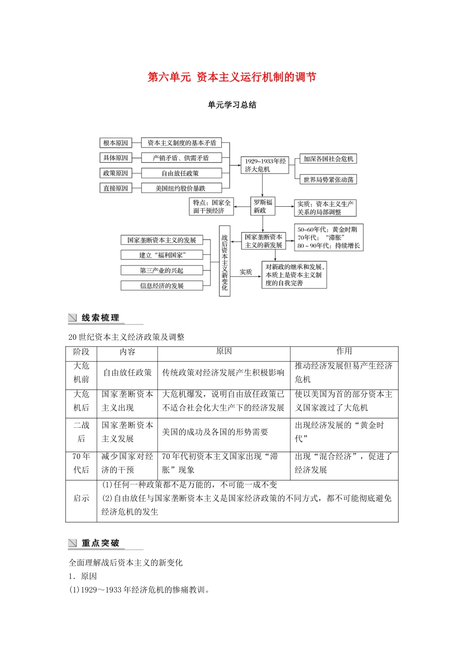 高中历史 第六单元 资本主义运行机制的调节单元总结学案 北师大版必修2-北师大版高一必修2历史学案_第1页