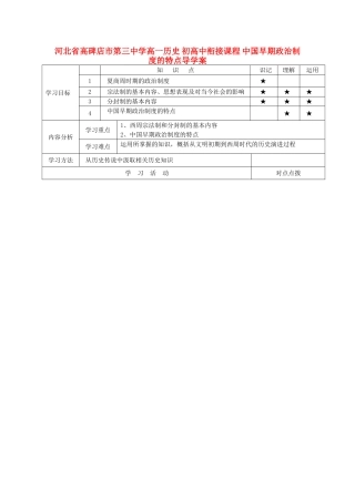河北省高碑店市第三中学高一历史 初高中衔接课程 中国早期政治制度的特点导学案 