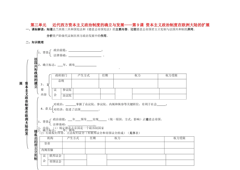 江苏省溧阳市高中历史 第9课 资本主义政治制度在欧洲大陆的扩展学案 新人教版必修1_第1页