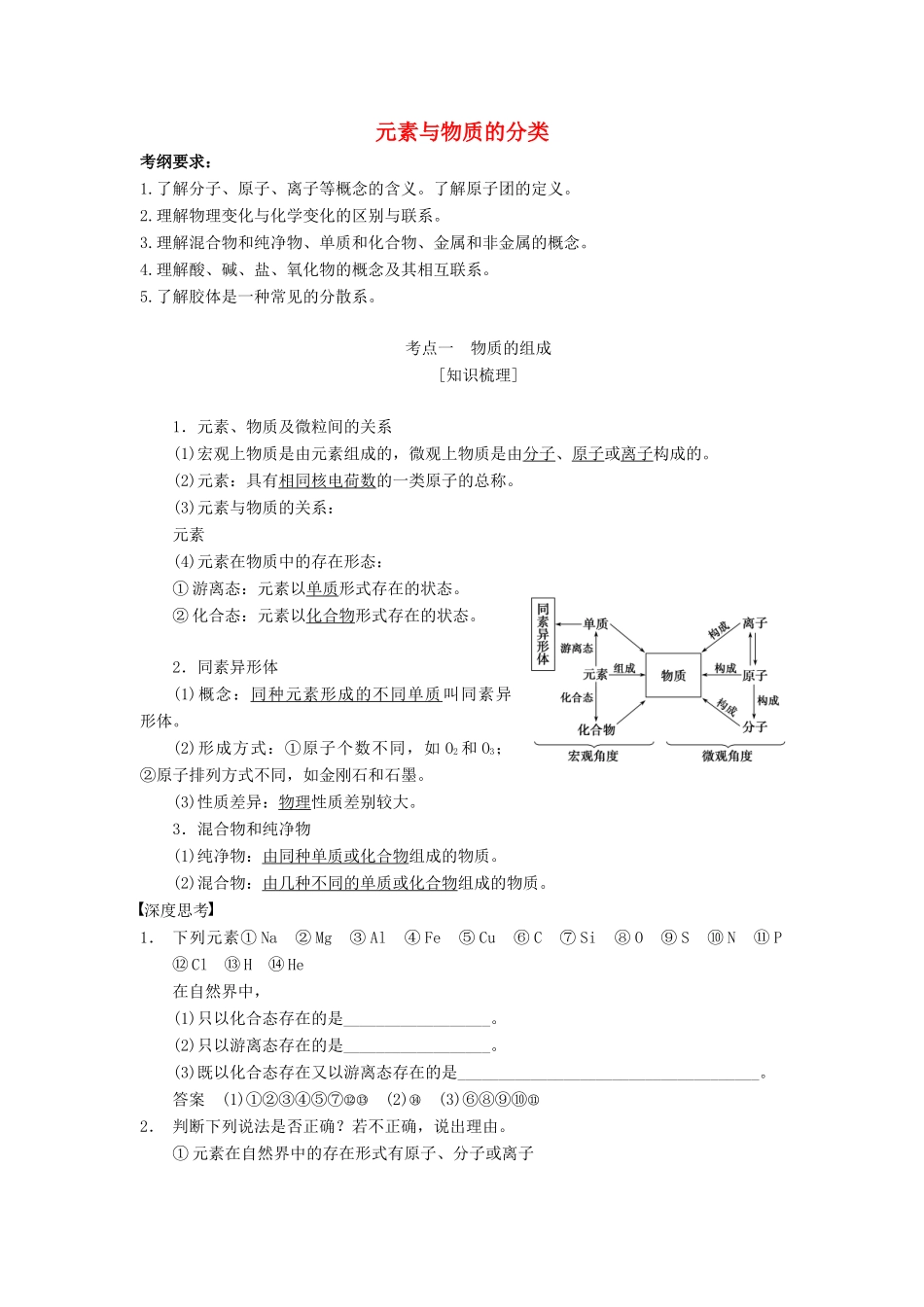 山东省单县五中高考化学一轮复习《元素与物质的分类》学案-人教版高三全册化学学案_第1页