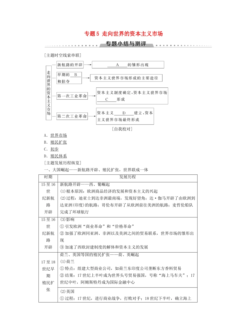 高中历史 专题5 走向世界的资本主义市场专题小结与测评学案 人民版必修2-人民版高一必修2历史学案_第1页