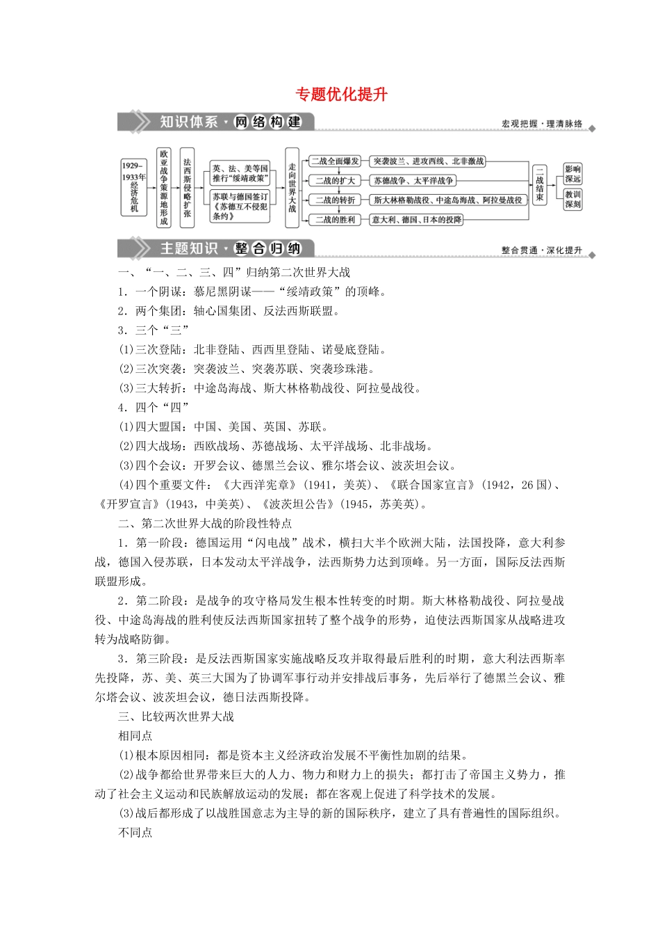 高中历史 专题三 第二次世界大战优化提升学案 人民版选修3-人民版高二选修3历史学案_第1页