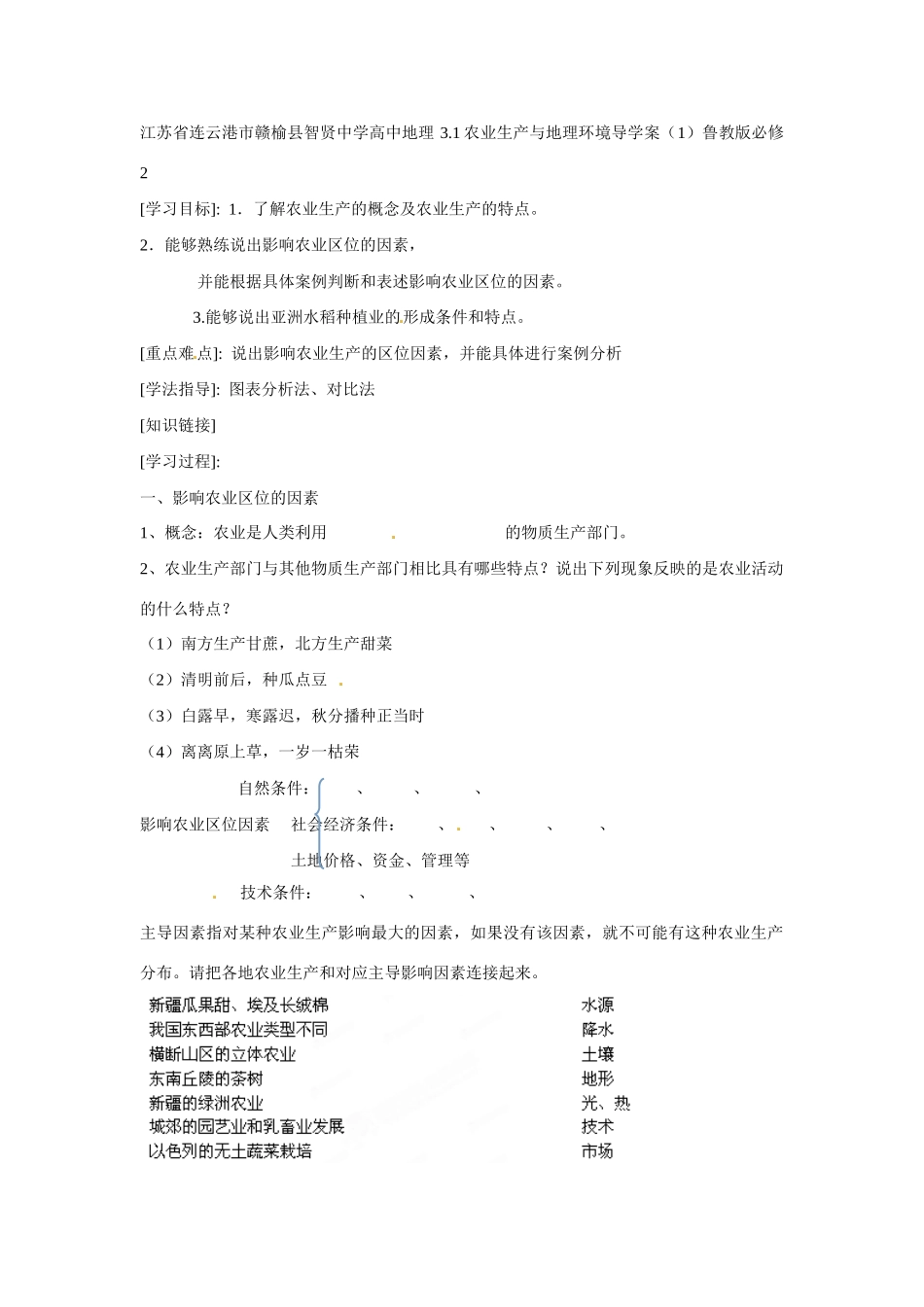 江苏省连云港市赣榆县智贤中学高中地理 3.1农业生产与地理环境导学案（1）鲁教版必修2_第1页