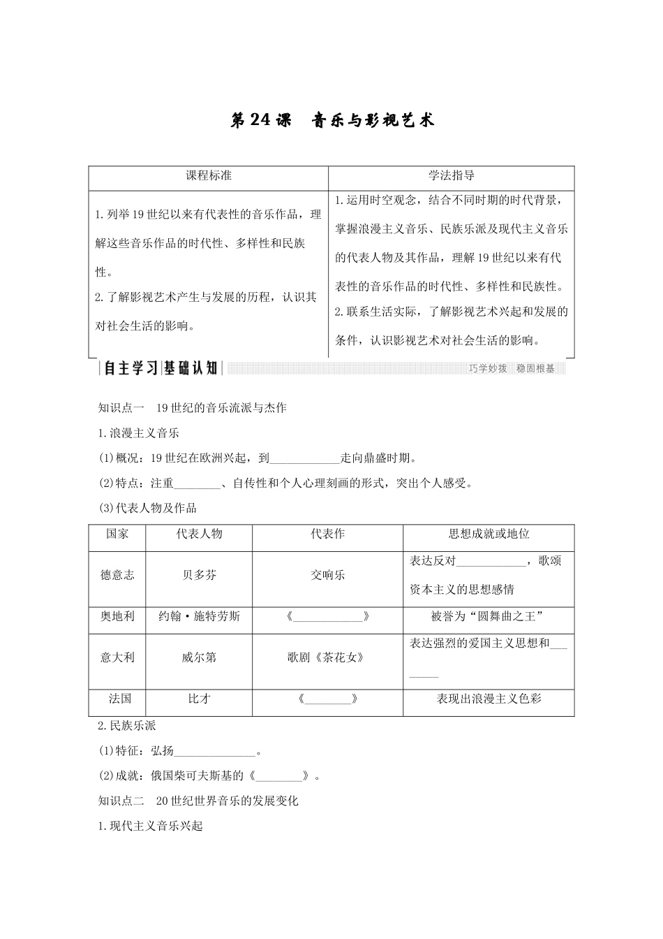 高中历史 第八单元 19世纪以来的世界文学艺术 第24课 音乐与影视艺术学案 新人教版必修3-新人教版高一必修3历史学案_第1页