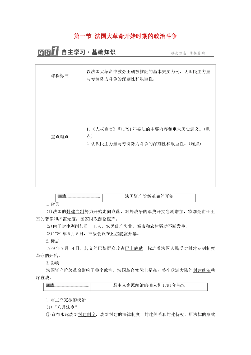 高中历史 第5章 法国民主力量与专制势力的斗争 第1节 法国大革命开始时期的政治斗争学案 北师大版选修2-北师大版高中选修2历史学案_第1页