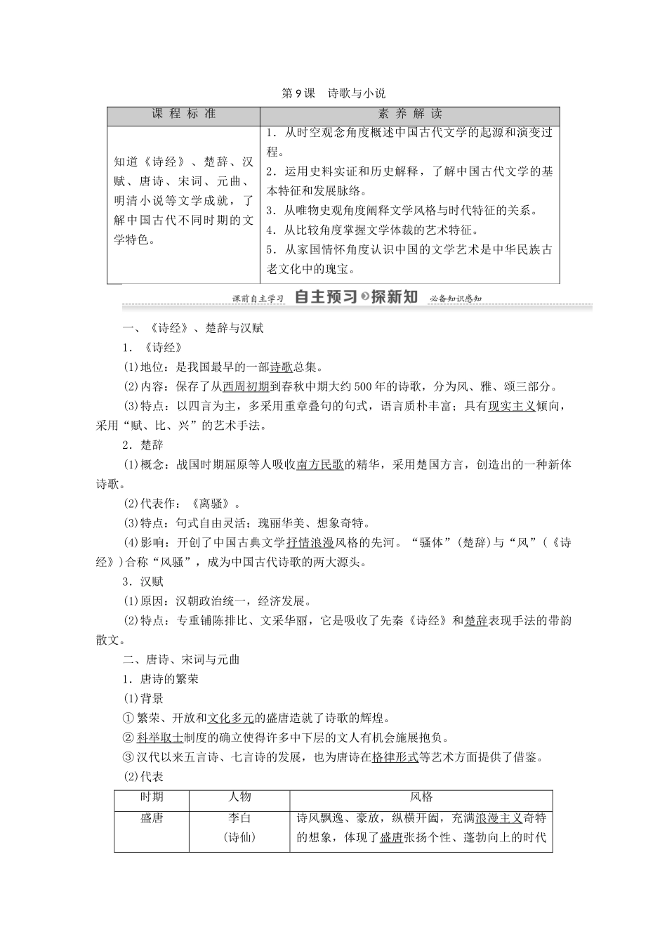 高中历史 第2单元 中国古代文艺长廊 第9课 诗歌与小说学案 岳麓版必修3-岳麓版高二必修3历史学案_第1页