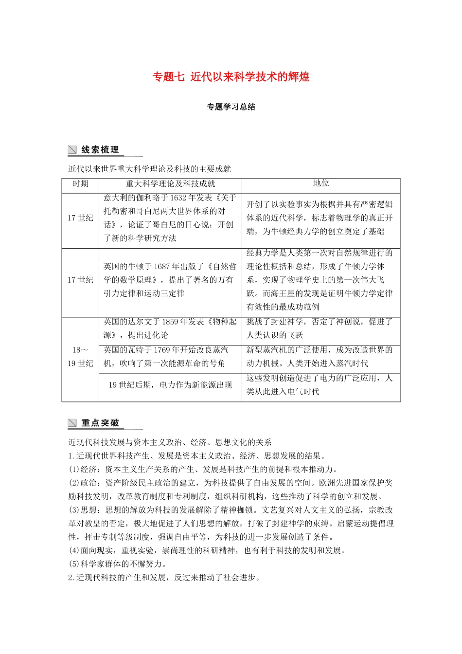 高中历史 专题七 近代以来科学技术的辉煌学习总结学案 人民版必修3-人民版高一必修3历史学案_第1页