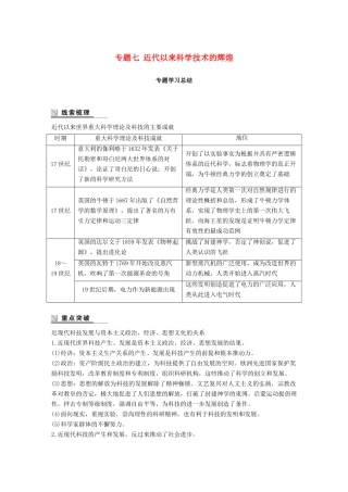 高中历史 专题七 近代以来科学技术的辉煌学习总结学案 人民版必修3-人民版高一必修3历史学案