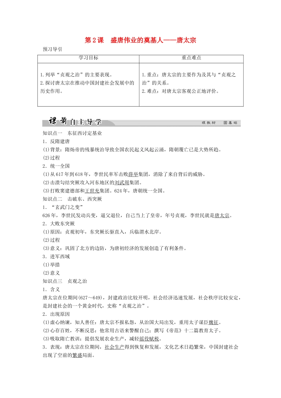 高中历史 专题一 古代中国的政治家 1-2 盛唐伟业的奠基人——唐太宗学案 人民版选修4-人民版高二选修4历史学案_第1页