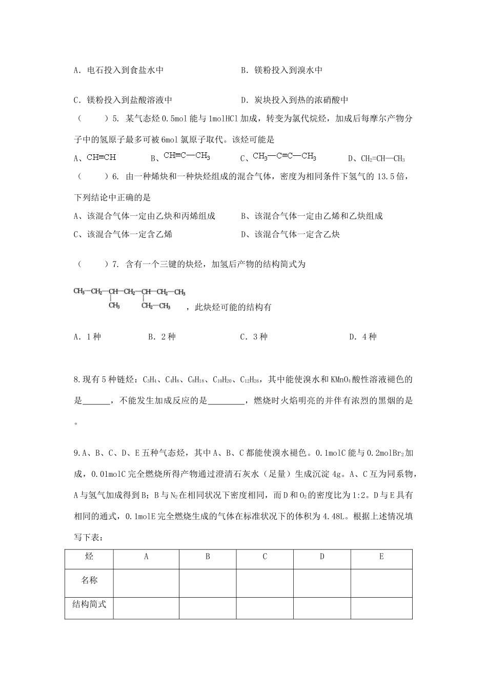 浙江省杭师大附中高二化学上学期 乙炔课时学案练习（无答案）_第3页