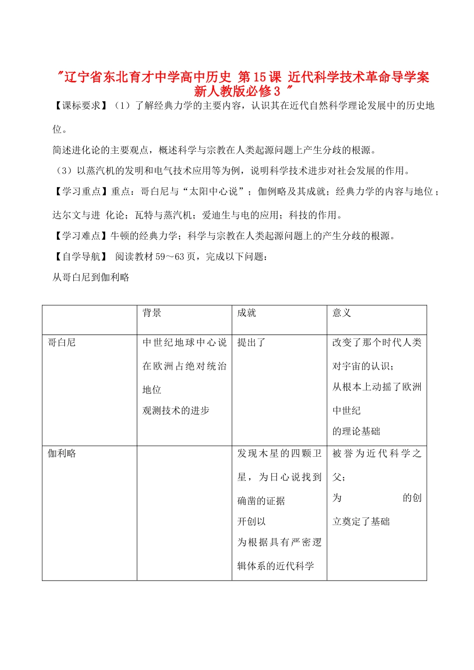 辽宁省东北育才中学高中历史 第15课 近代科学技术革命导学案 新人教版必修3 _第1页