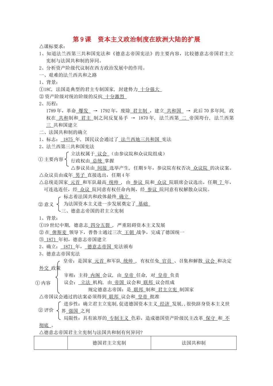 高中历史 全套学案 第9课资本主义政治制度在欧洲大陆的扩展（教师版） 新人教版必修1_第1页