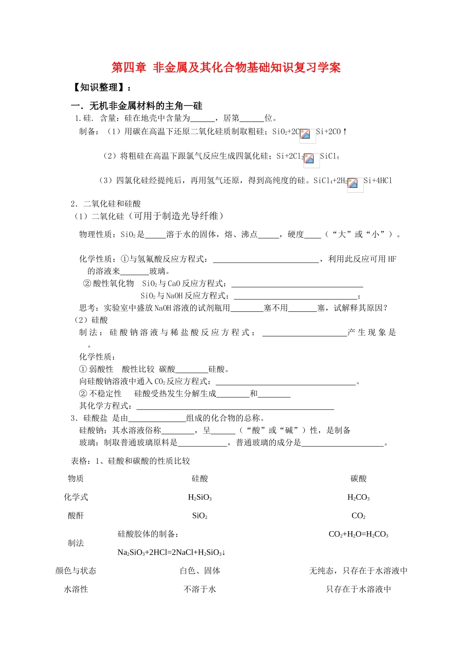 高中化学第四章 非金属及其化合物基础知识复习学案新人教版必修1_第1页
