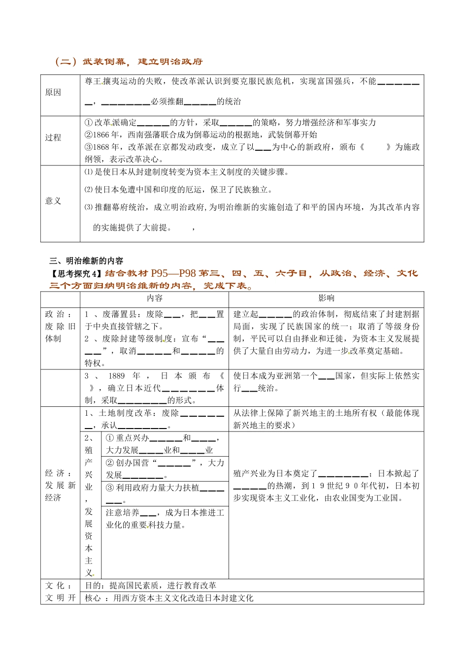 高中历史 第14课 日本近代化的起航 明治维新导学案 岳麓版选修1-岳麓版高二选修1历史学案_第2页