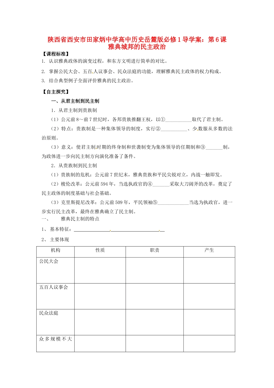 陕西省西安市田家炳中学高中历史 第6课 雅典城邦的民主政治导学案 岳麓版必修1_第1页