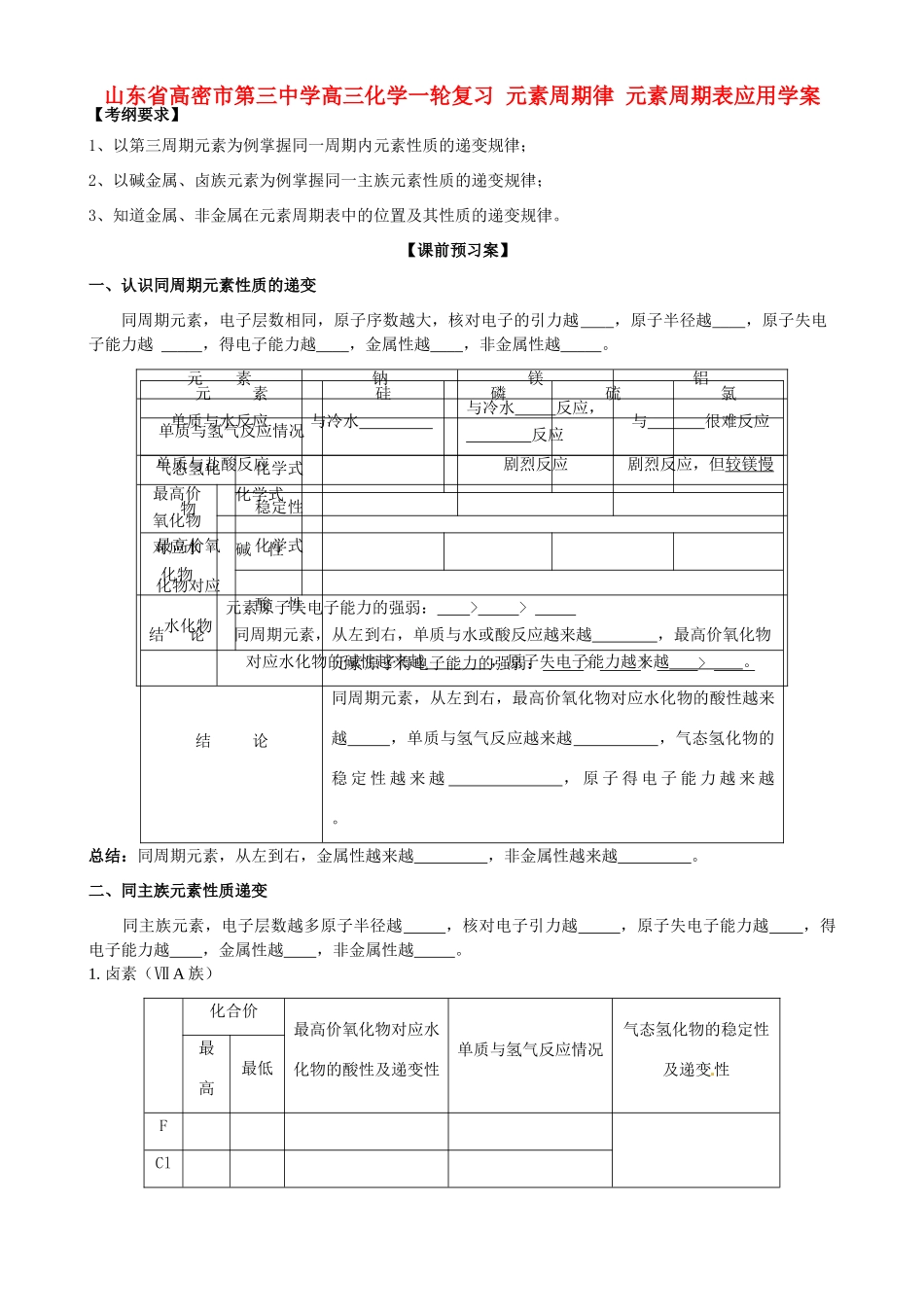 山东省高密市第三中学高三化学一轮复习 元素周期律 元素周期表应用导学案_第1页