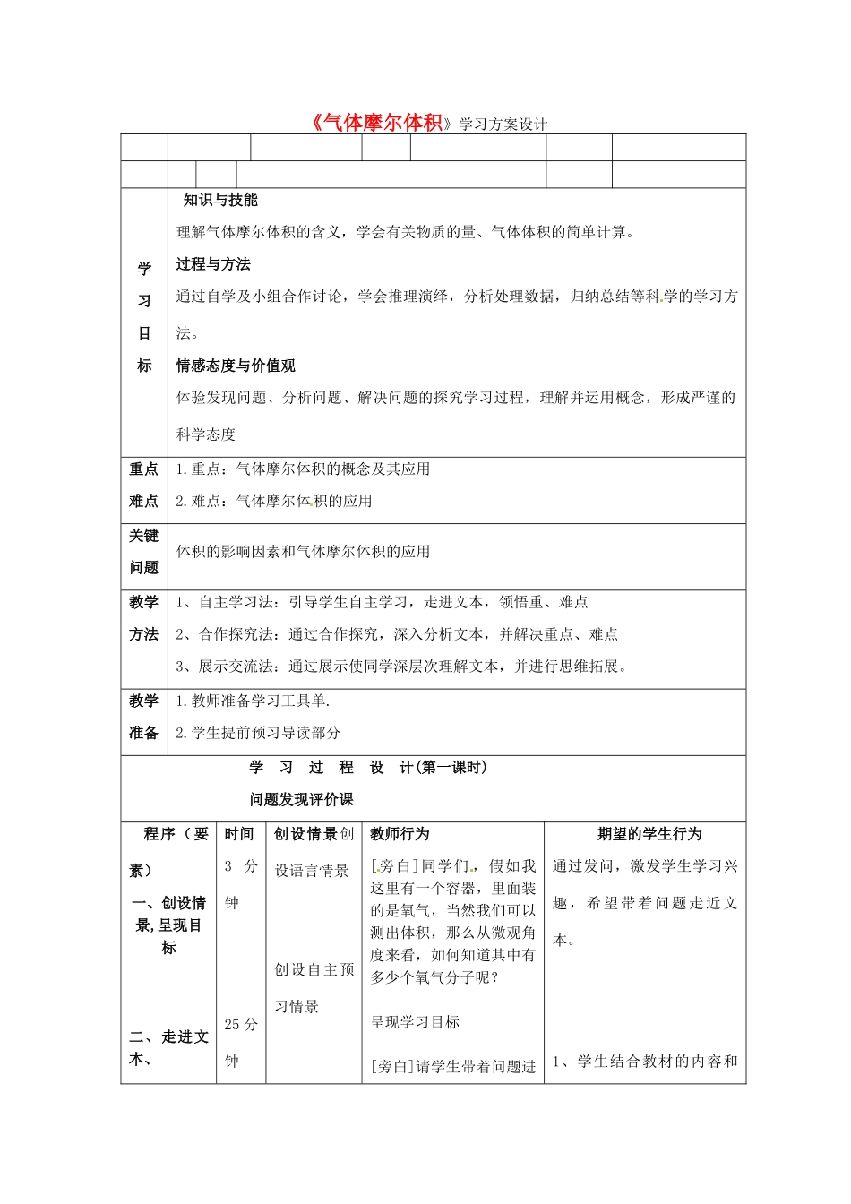 河南省新安县第一高级中学高中化学《气体摩尔体积》学习方案设计 新人教版必修1_第1页