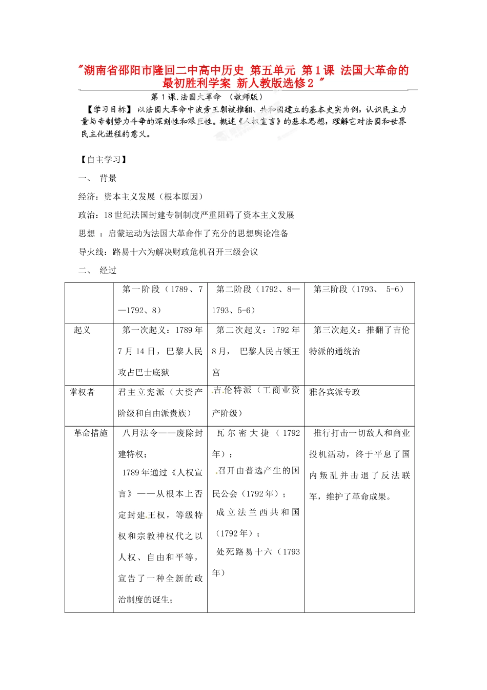 湖南省邵阳市隆回二中高中历史 第五单元 第1课 法国大革命的最初胜利学案 新人教版选修2 _第1页