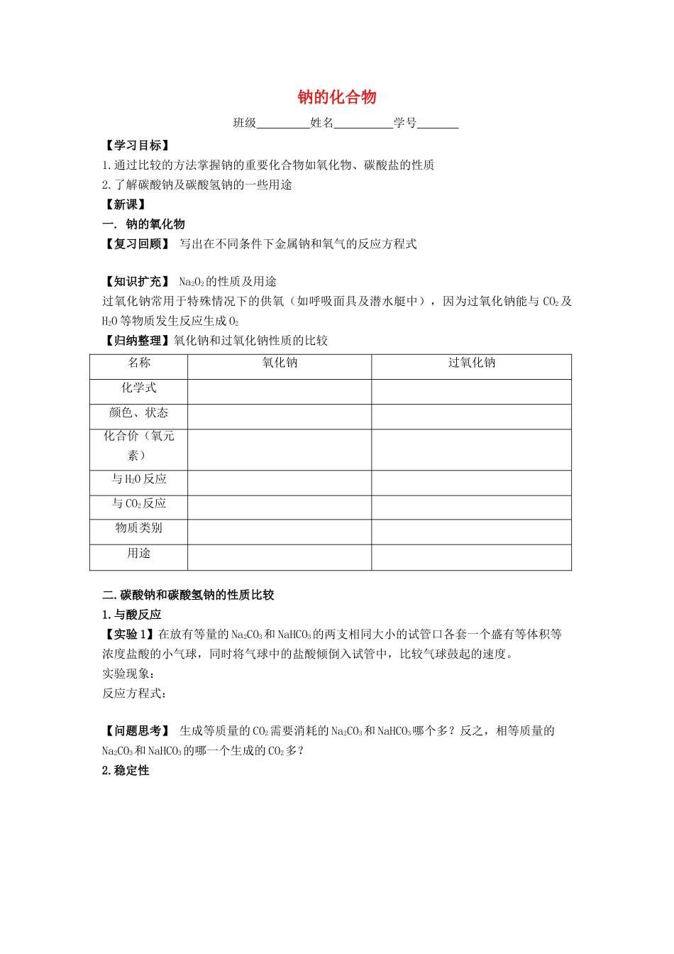 江苏省苏州中学园区高一化学《钠的化合物》学案 苏教版_第1页