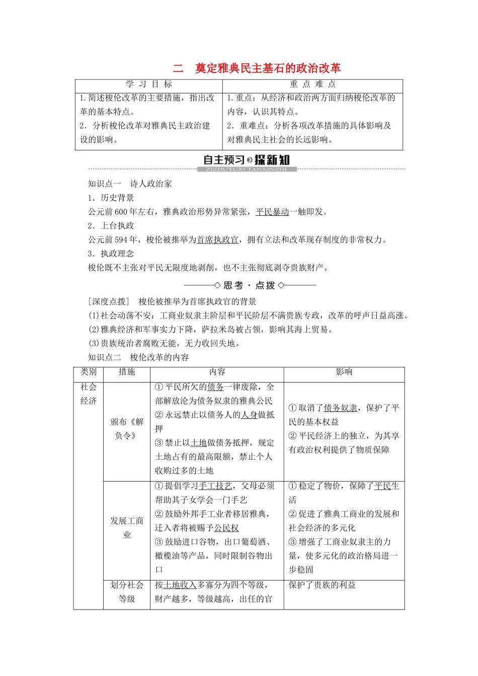 高中历史 专题1 梭伦改革 2 奠定雅典民主基石的政治改革学案 人民版选修1-人民版高二选修1历史学案_第1页