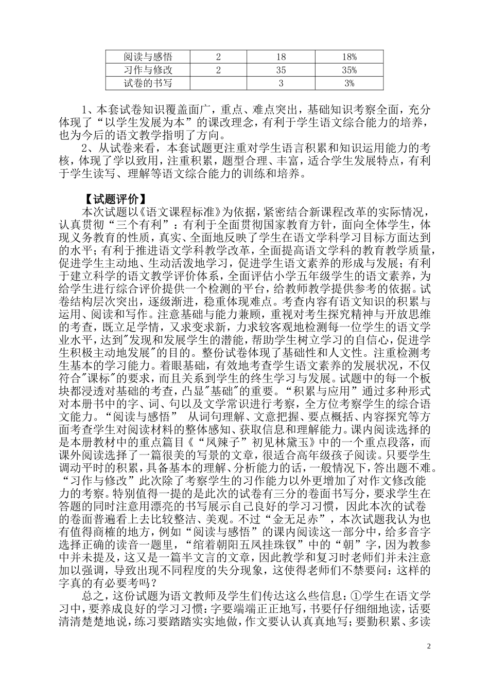 五下语文水平测试质量分析_第2页