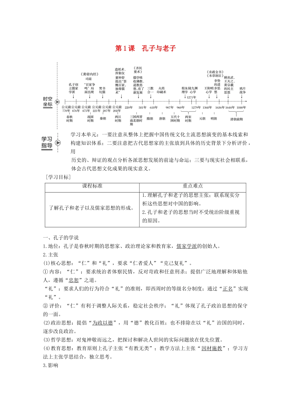 高中历史 第一单元 中国古代的思想与科技 第1课 孔子与老子学案 岳麓版必修3-岳麓版高一必修3历史学案_第1页