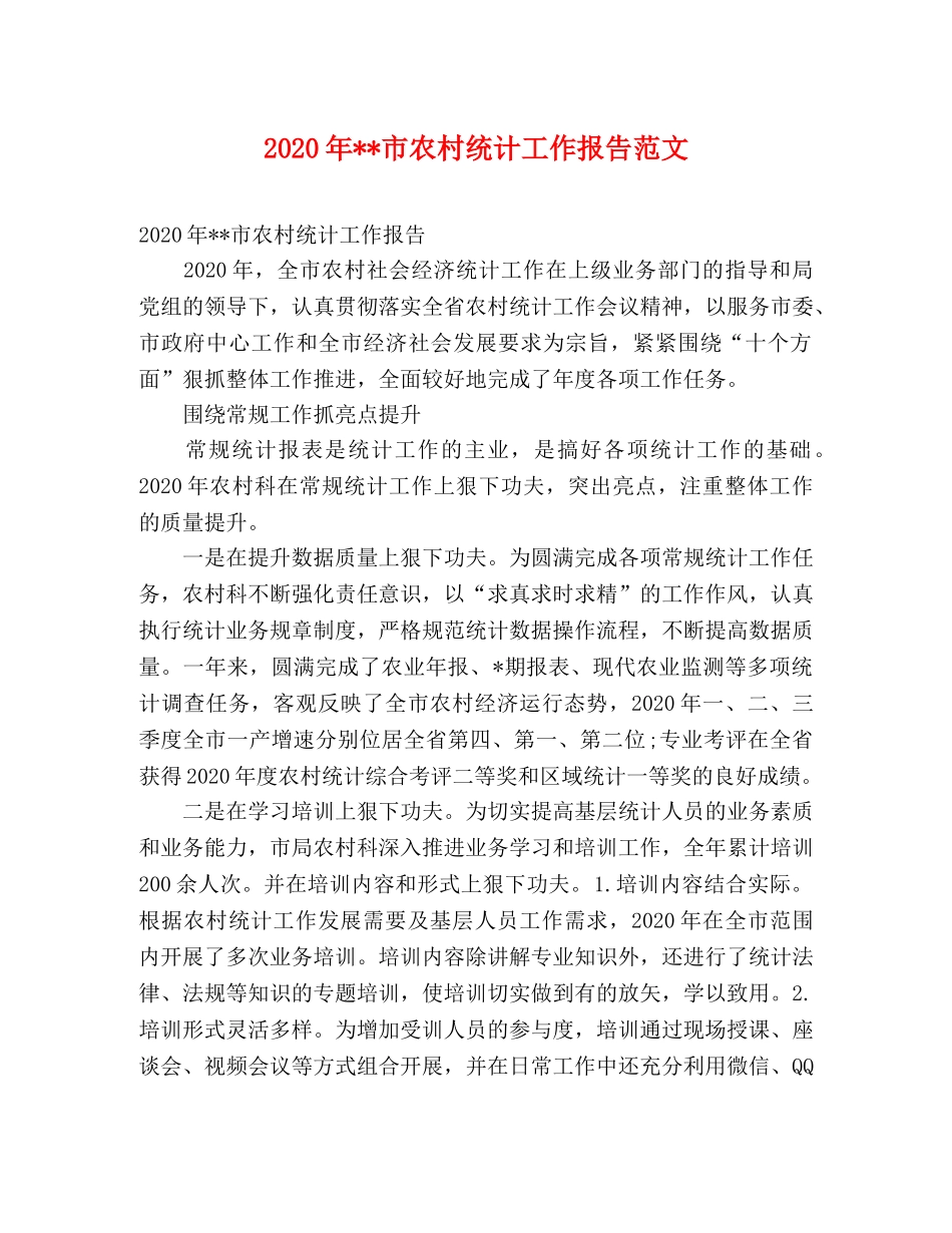 2024年--市农村统计工作报告范文 _第1页