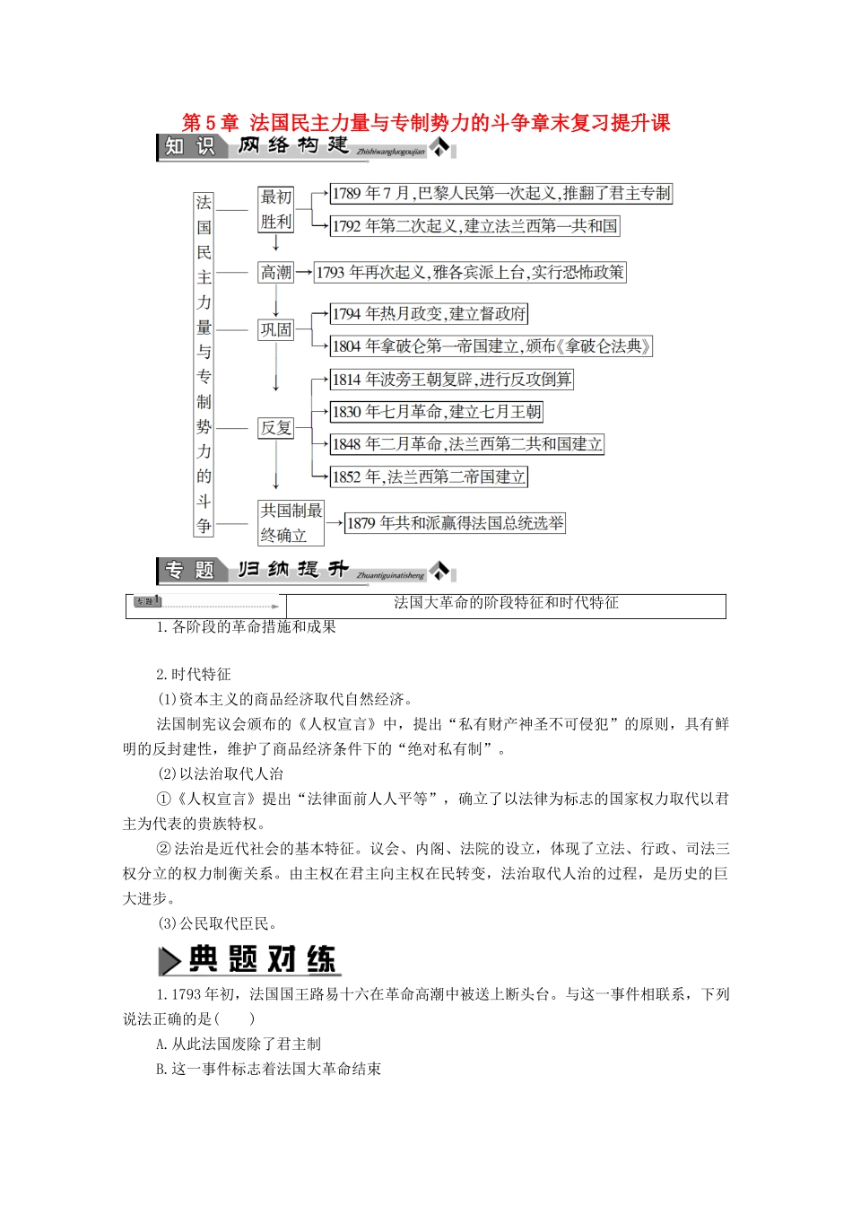 高中历史 第5章 法国民主力量与专制势力的斗争章末复习提升课学案 北师大版选修2-北师大版高中选修2历史学案_第1页