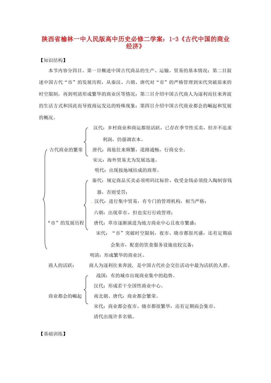 陕西省榆林一中高中历史 1-3《古代中国的商业经济》学案 人民版必修2_第1页