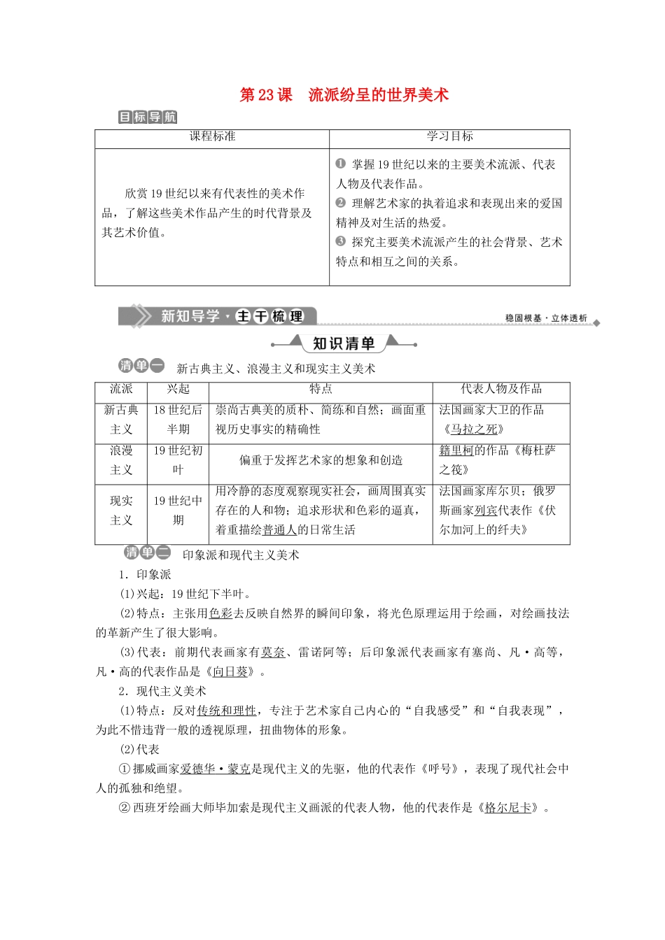 高中历史 第八单元 19世纪以来的世界文学艺术 第23课 流派纷呈的世界美术学案 北师大版必修3-北师大版高一必修3历史学案_第1页
