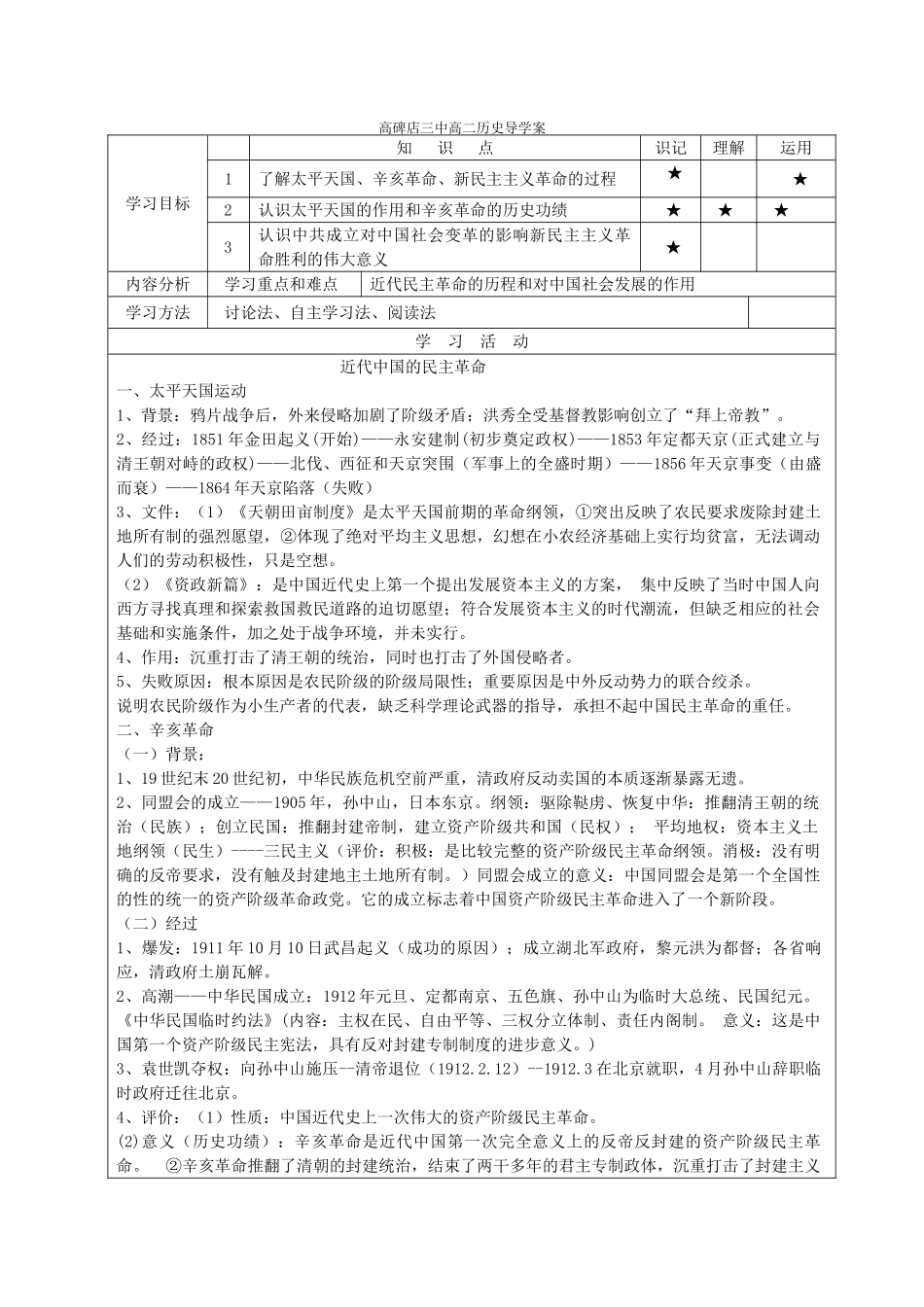 河北省高碑店市第三中学高二历史 近代民主革命和新中国的政治建设复习学案_第1页