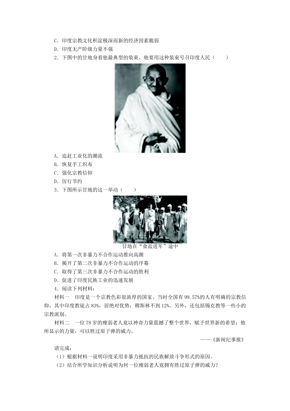 高中历史 专题四“亚洲觉醒”的先驱 三 圣雄甘地学案2 人民版选修4-人民版高二选修4历史学案_第2页