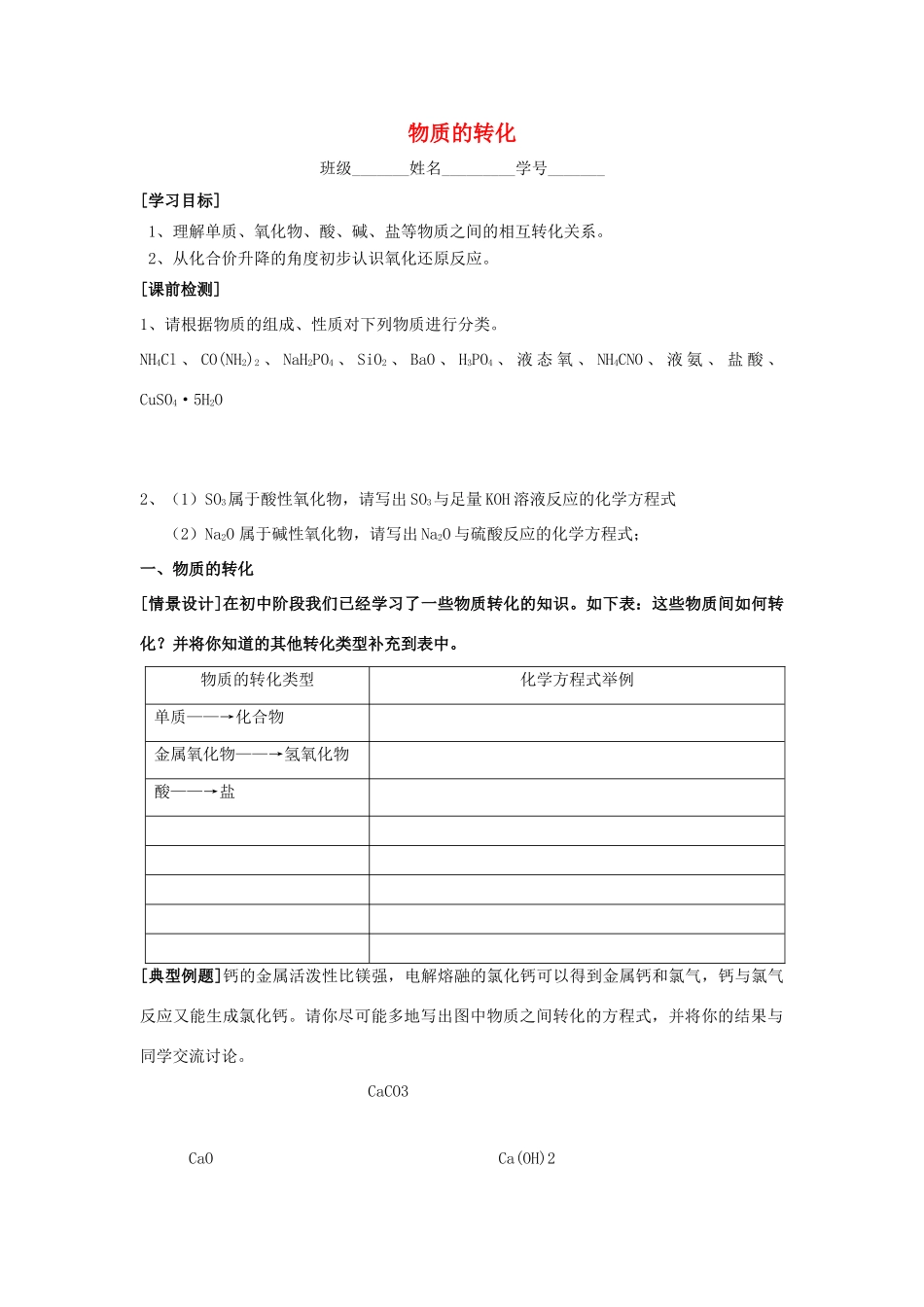 江苏省苏州中学园区高一化学《物质的转化》学案 苏教版_第1页