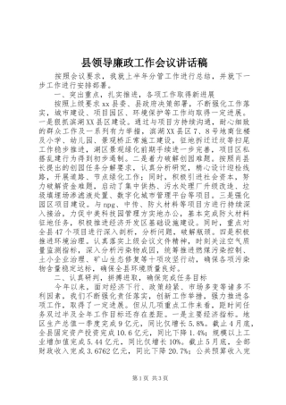 县领导廉政工作会议讲话发言稿