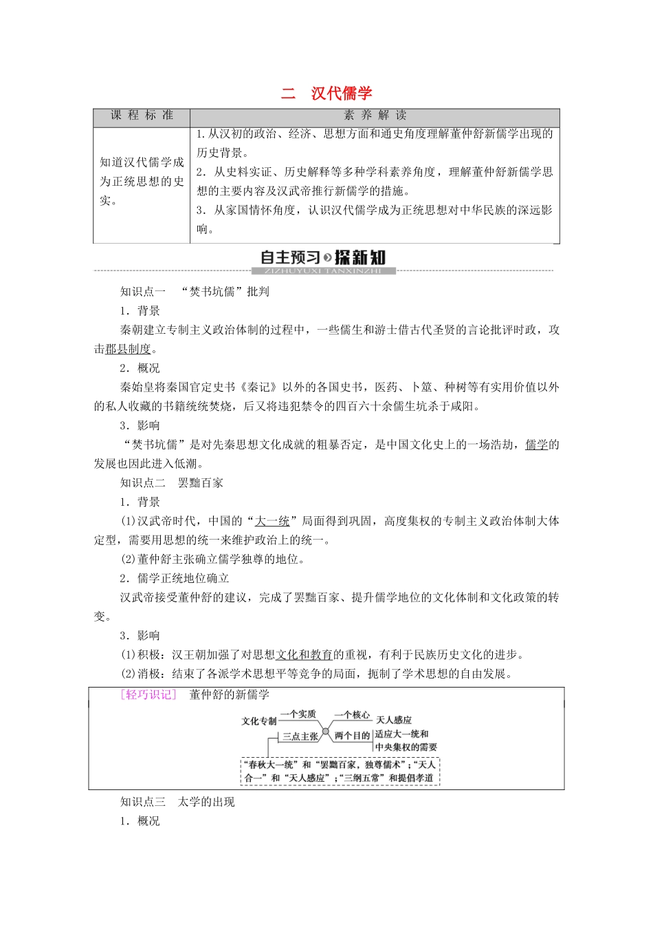 高中历史 专题1 中国传统文化主流思想的演变 2 汉代儒学学案 人民版必修3-人民版高二必修3历史学案_第1页