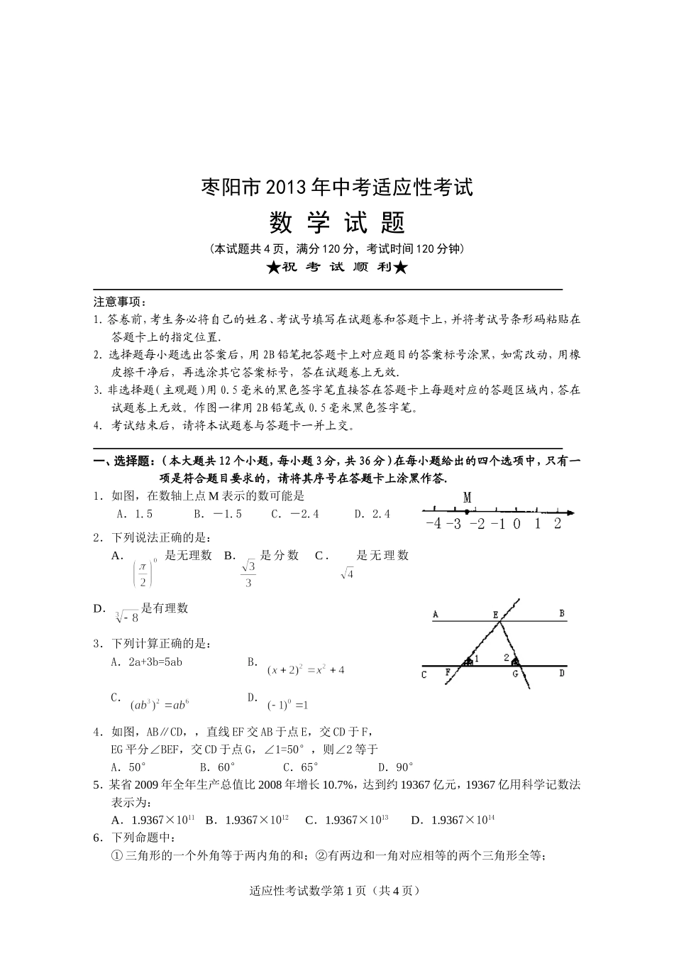 2013年数学适应性考试题_第1页